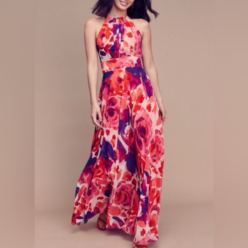 Eliza J Floral Print Halter Neck Maxi Dress Sleeveless Watercolor Pink Red Dress
